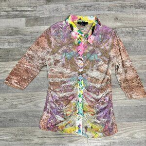 Boston Proper stretch lace semi sheer button front top 3/4 sleeve medium C50